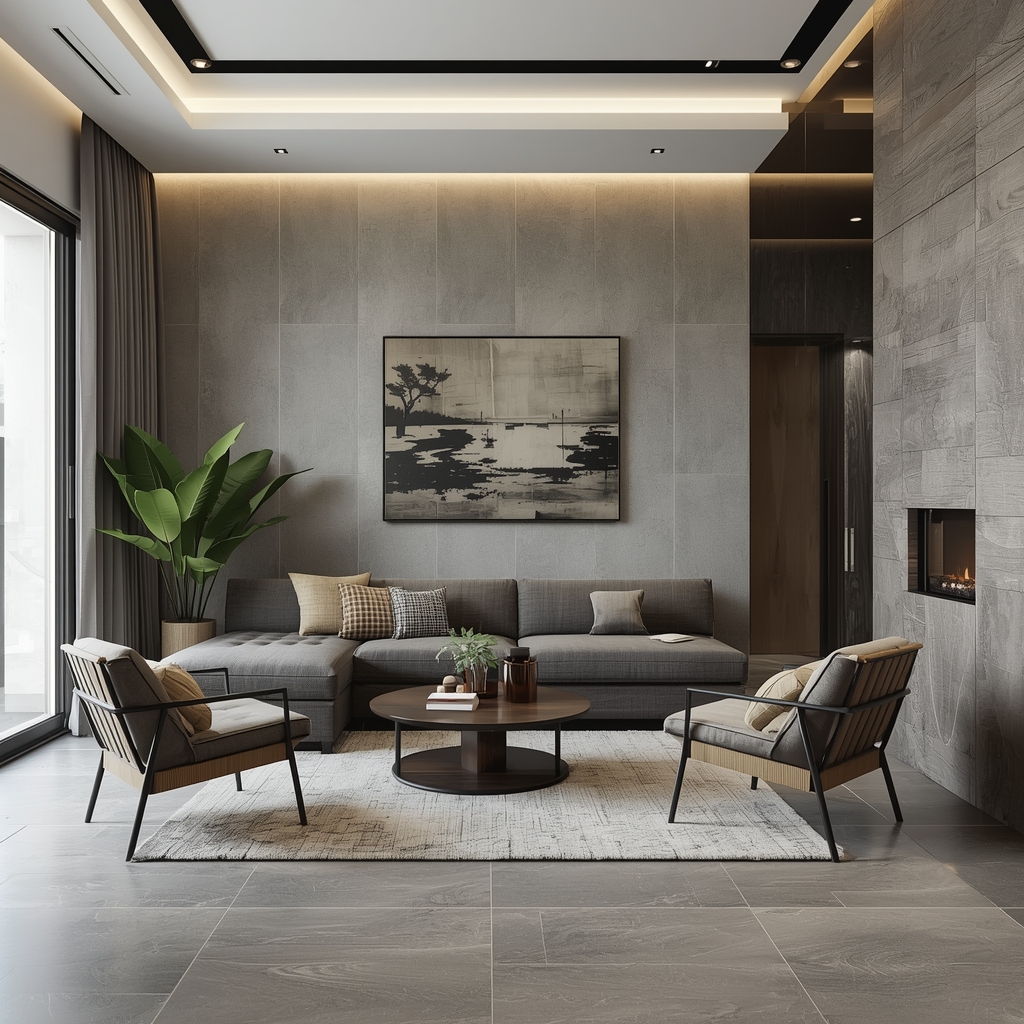 طراحی داخلی با ساتفاده از سنگ و کاسی سرامیک مات طوسی